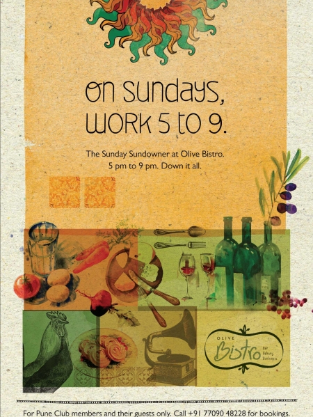 A poster that reads "On Sundays, work 5 to 9" for a bistro in Pune called Olive Bistro