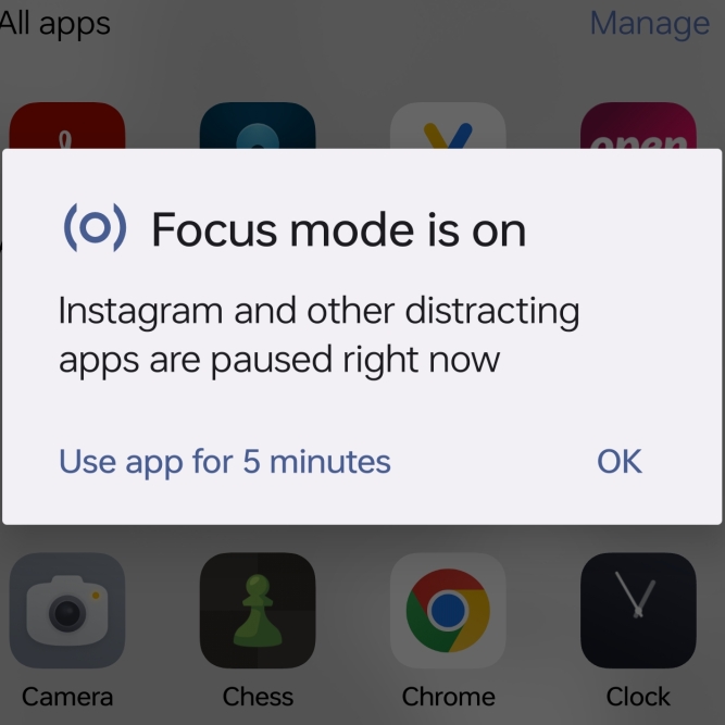 A pop-up on a phone screen that reads, "Focus mode is on".